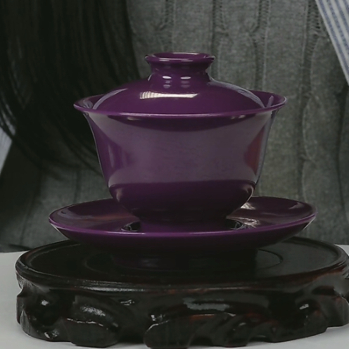 M茄皮紫釉三才盖碗