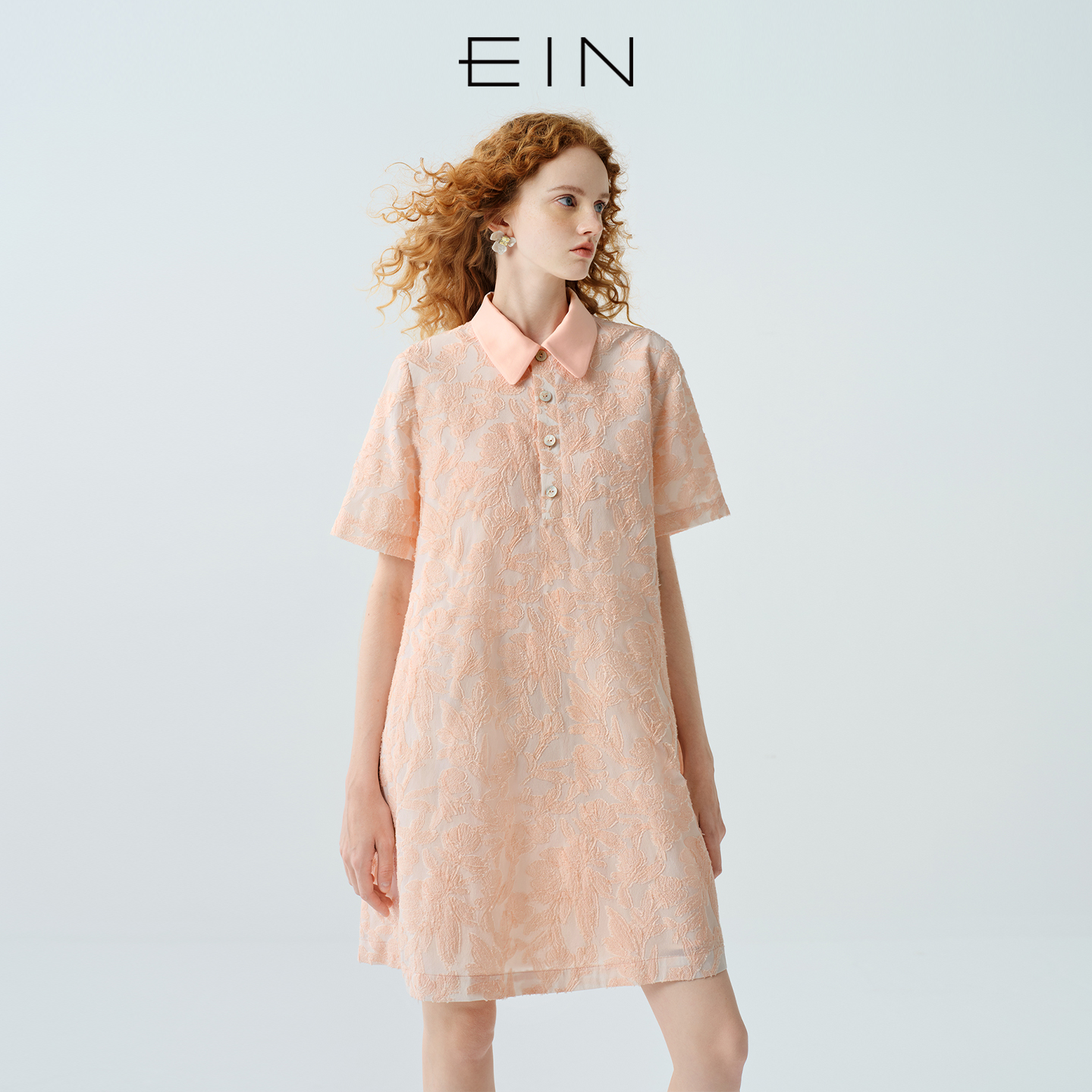 EIN/言帕蒂斯尔风立体剪花撞料翻领伞型短袖连衣裙2025夏季新款