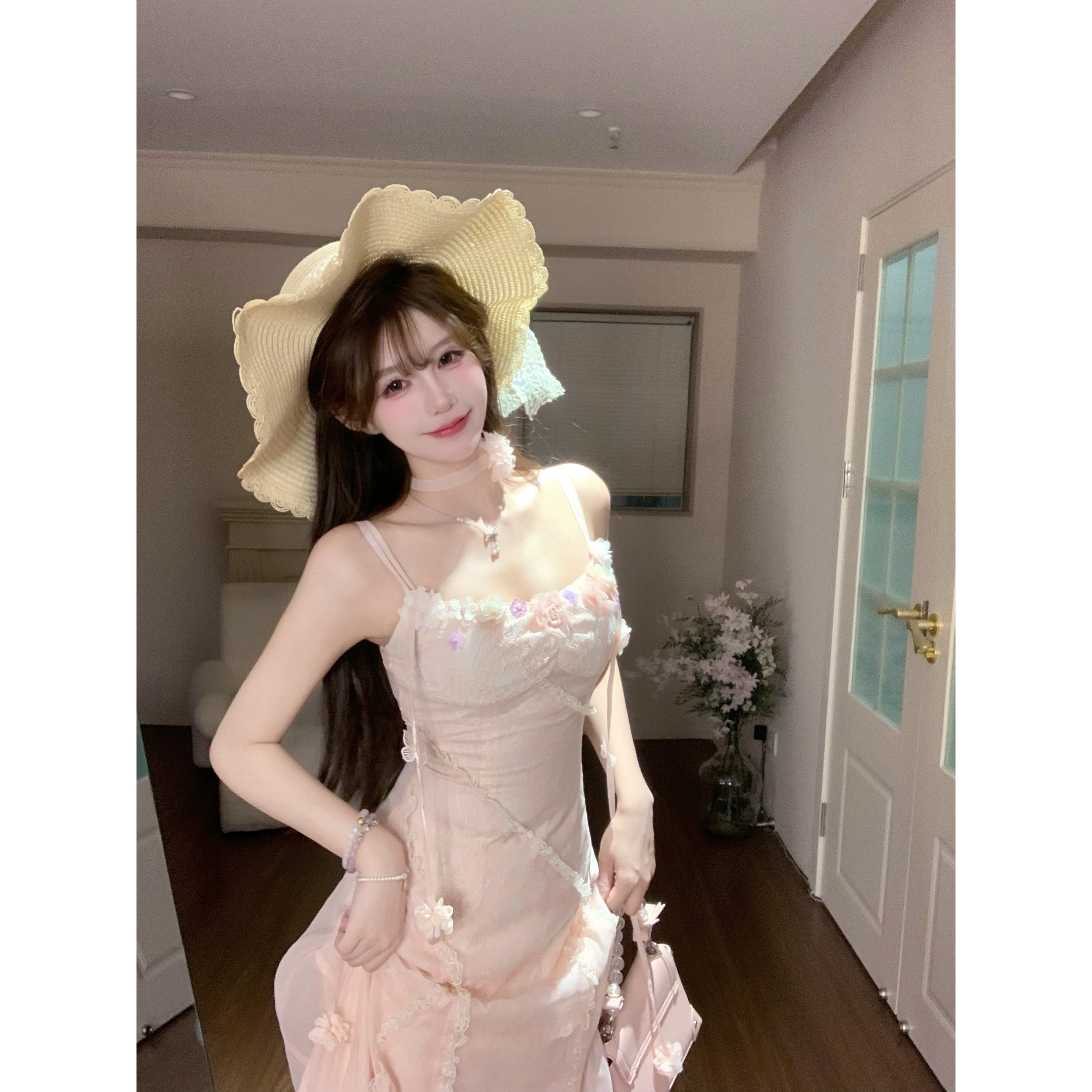 瑞茜·威瑟斯薄雾粉华 夏季甜美温柔显瘦修身吊带连衣裙R1070T
