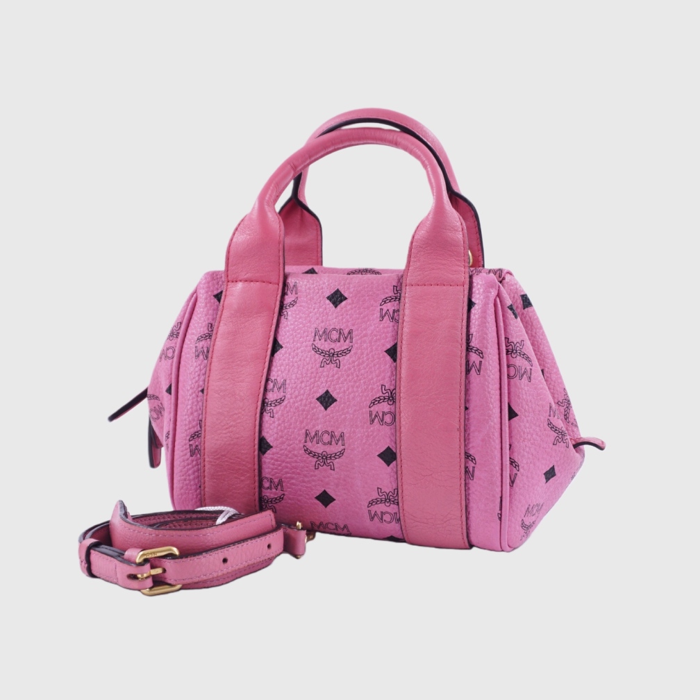 95新 MCM 二手粉色全皮手提斜挎包K23767