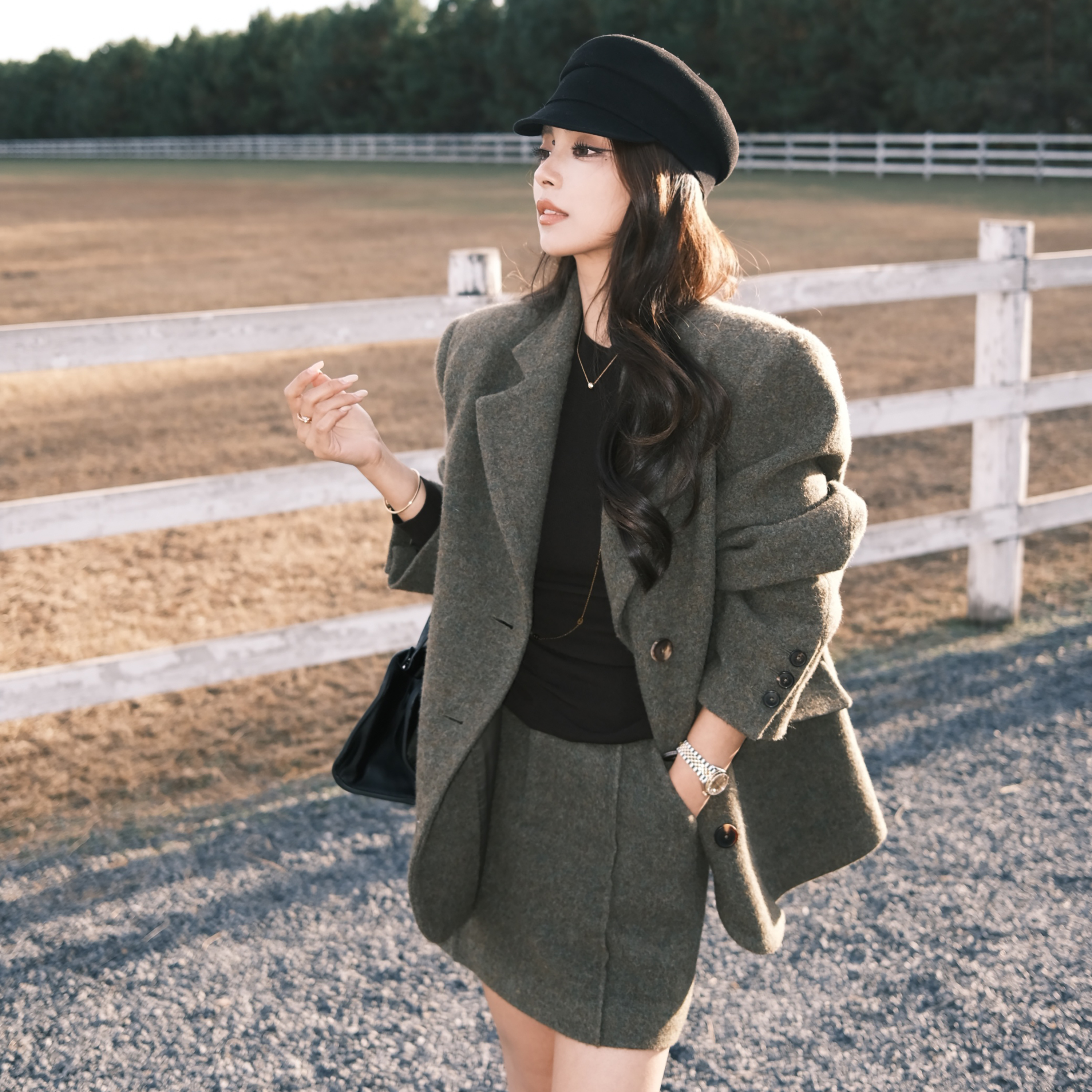 “中古英伦派”100羊毛单面立绒 复古挺阔泥炭藓上衣/半裙套装