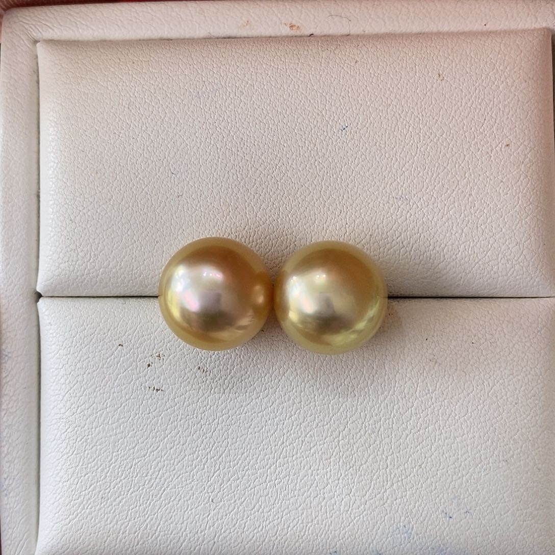 海水珍珠耳饰18K金镶嵌南洋金珠11-12m m