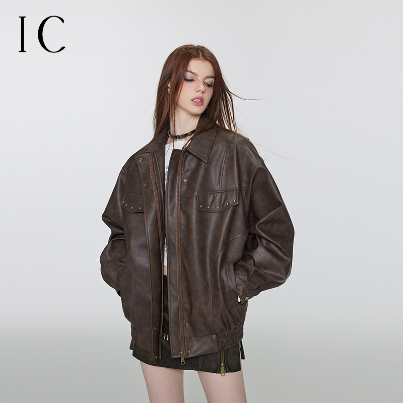 IC美拉德柳钉短外套上衣2024秋冬新款美式复古皮衣女短款皮夹克