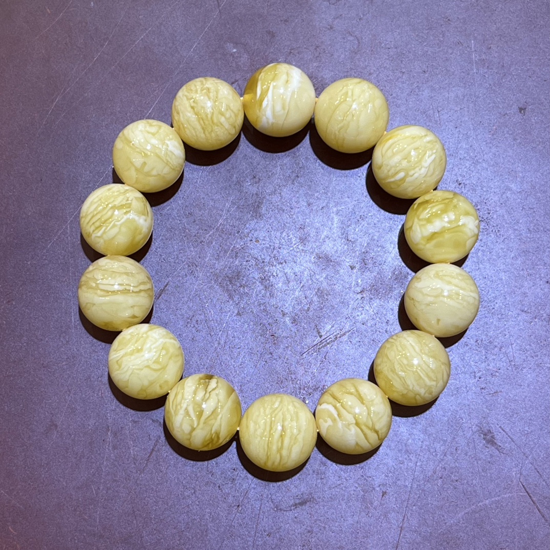 琥珀白花蜜蜡虎皮纹圆珠手串，15m，27.3g，天然原矿保真