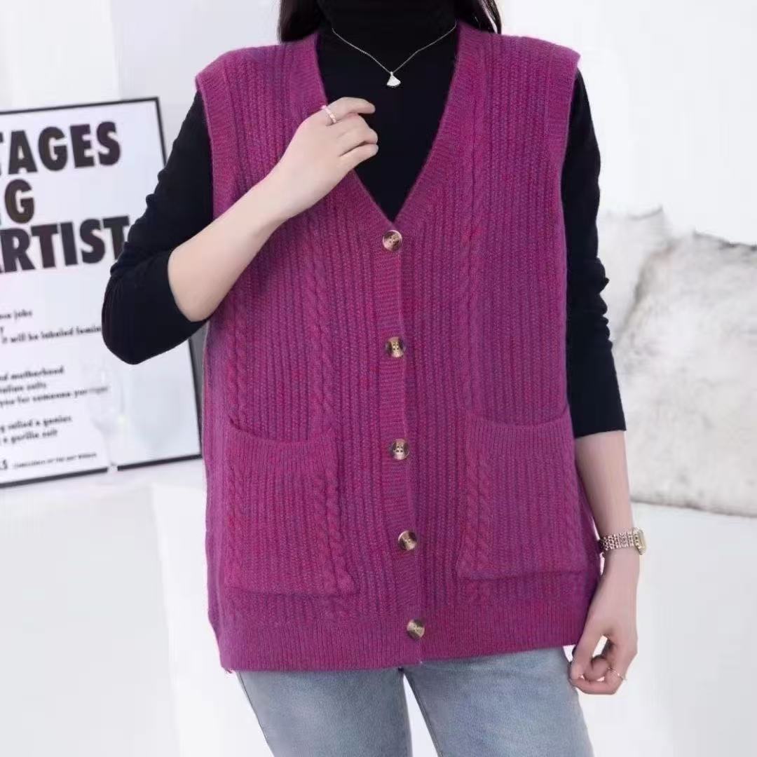 051-100新款装秋冬V领针织开衫背心时尚砍肩纯色针织马甲