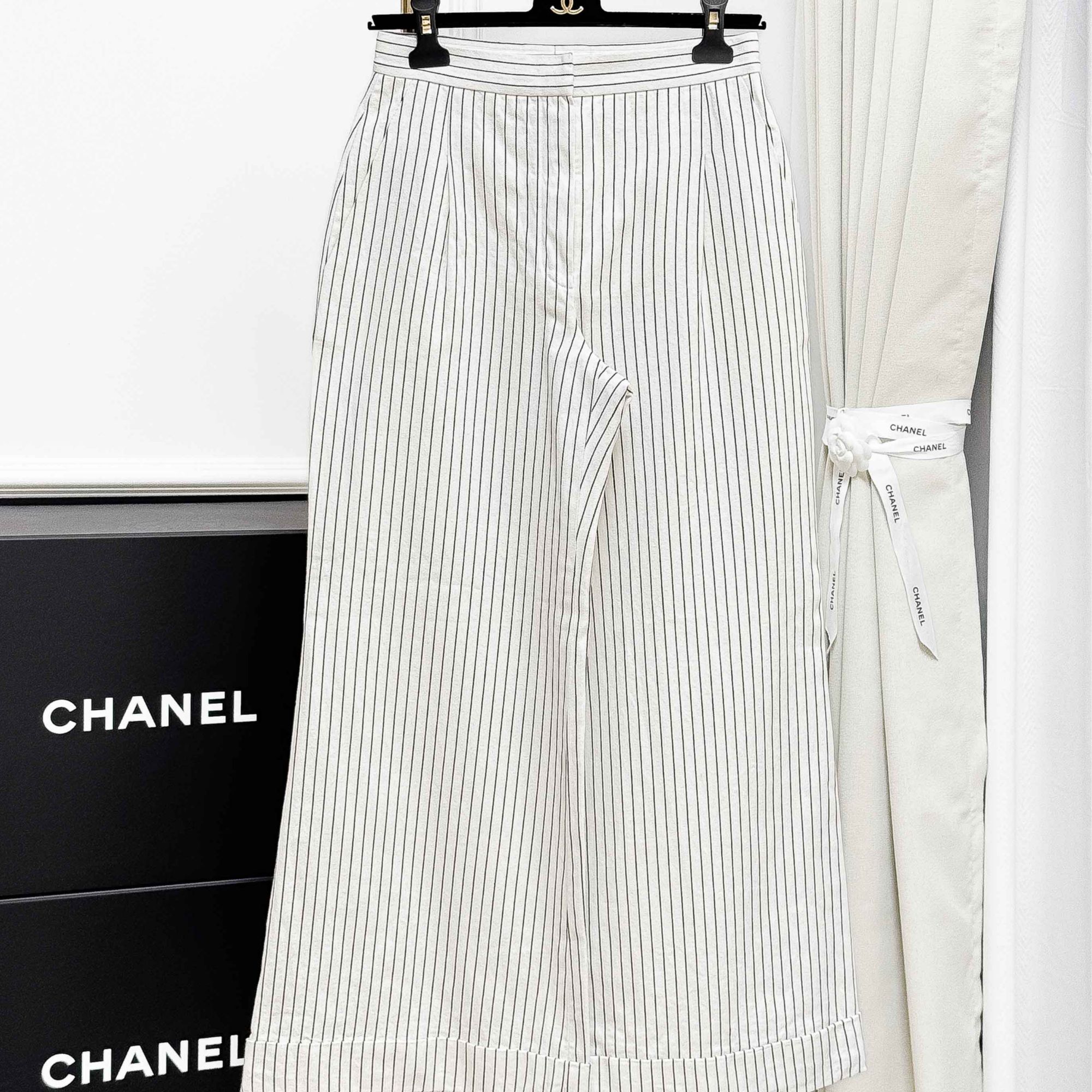 99新 Chanel/香奈儿  36码古巴系列黑白竖条纹阔腿裤，