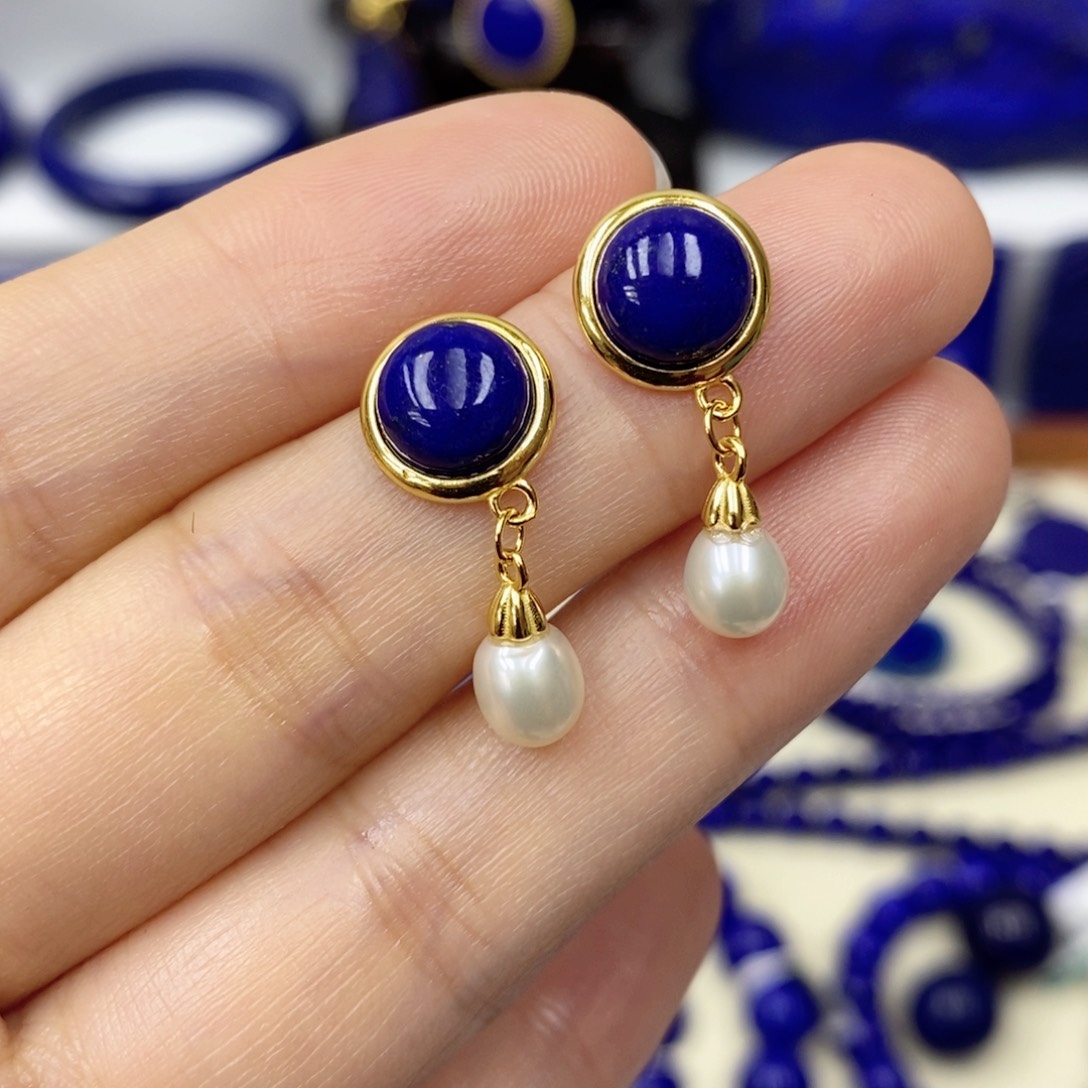 青金石耳饰银S925镀金镶嵌