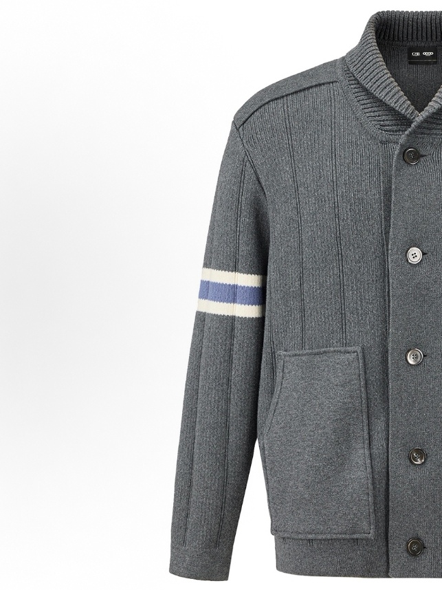 G127何包鼓鼓工作室 GOOD提花撞色条纹轻奢翻领开衫毛衣 男女同款