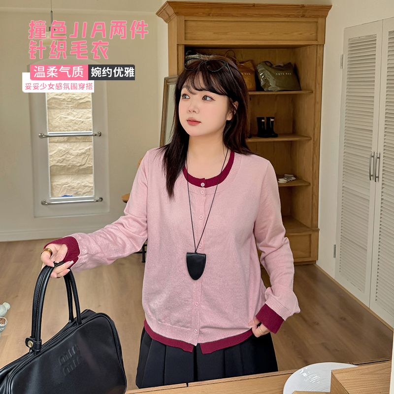 【涵胖胖】清  春季新款大码气质撞色假两件针织毛衣-f339