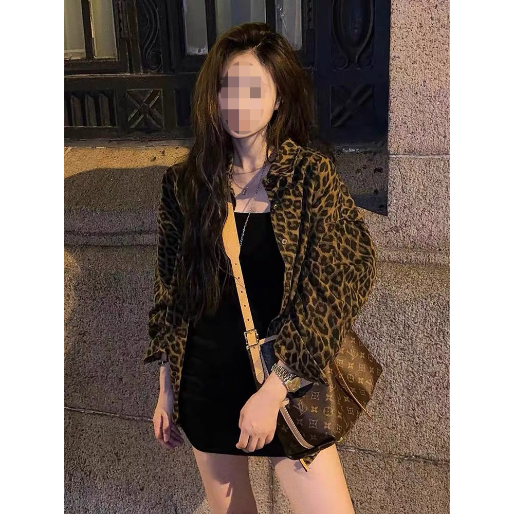 美式复古豹纹Polo领衬衫女网红MM早秋chic上衣慵懒风宽松外套