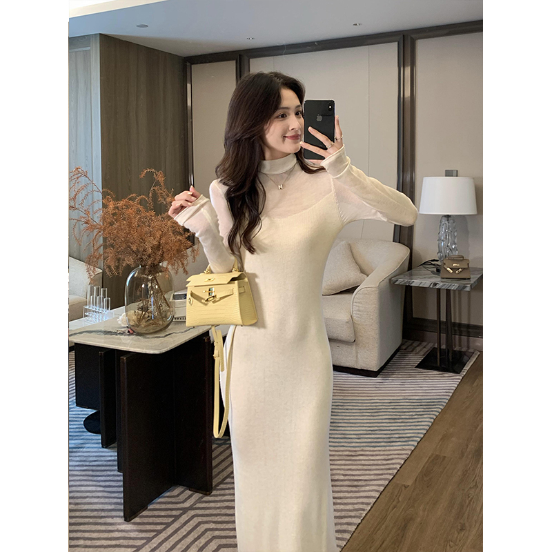 打底搭连衣裙衣裙包秋冬季长款针织白色林妍儿修身臀女早毛高领内