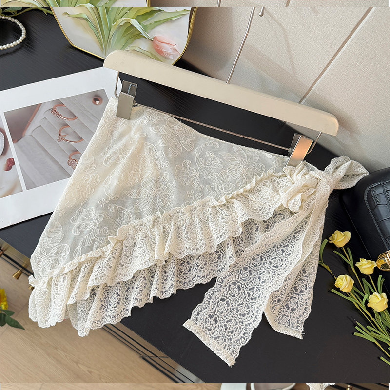 时尚潮搭不对称蕾丝绑带镂空蝴蝶结高腰短裙韩版修身荷叶边屁帘