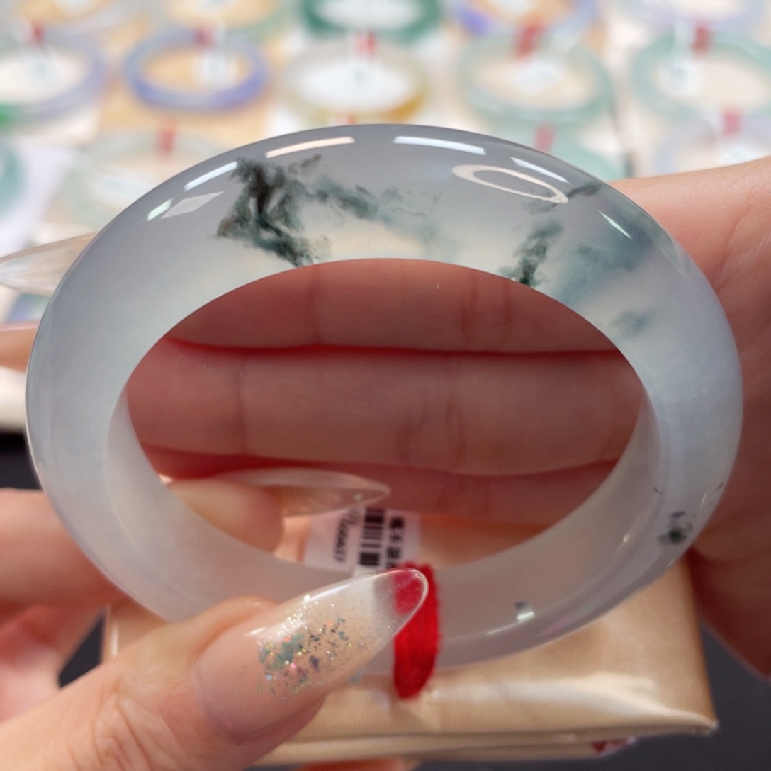 未镶嵌手镯翡翠55高冰巨纯净冷白冰水墨毕业24号