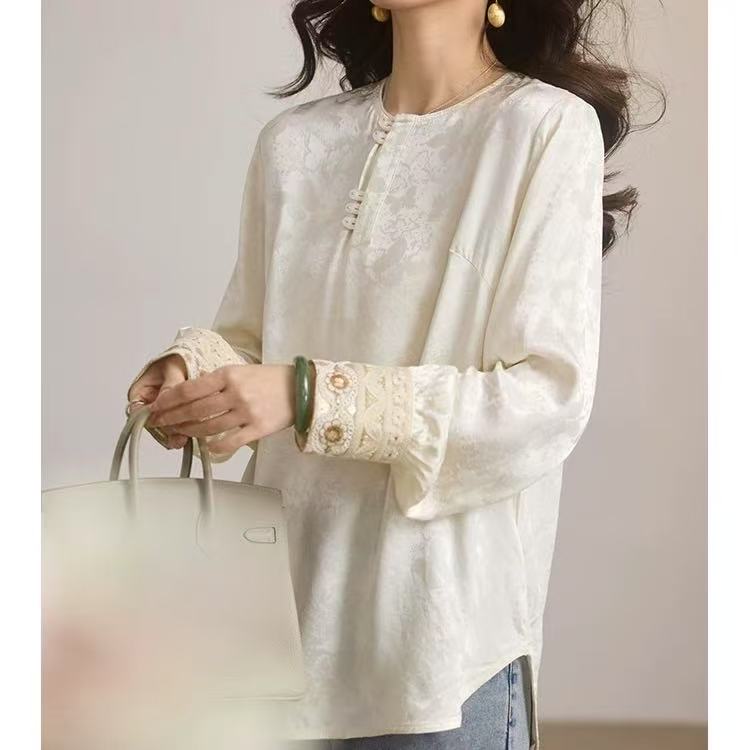 8522  提花衬衫女2025年春季新款新中式上衣白色衬衣潮