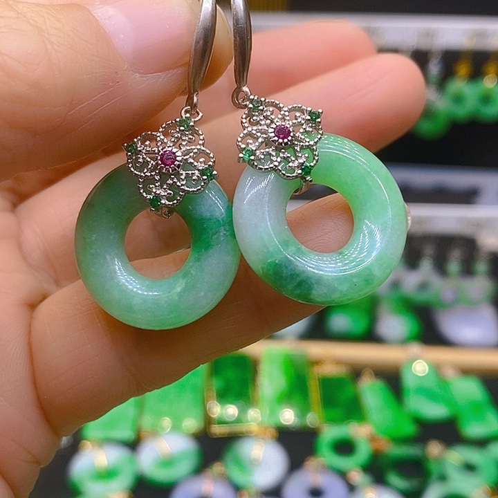 翡翠耳饰银S925镶嵌耳坠