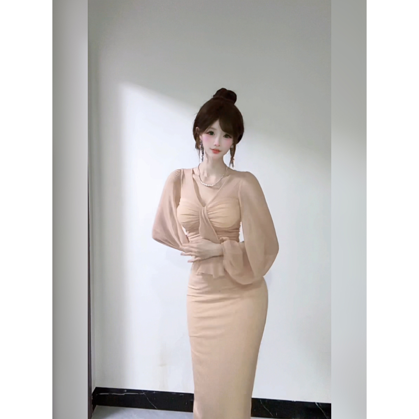 白白【诗柠】法式茶歇性感百搭长袖气质褶皱纯欲风性感遮肉连衣裙N