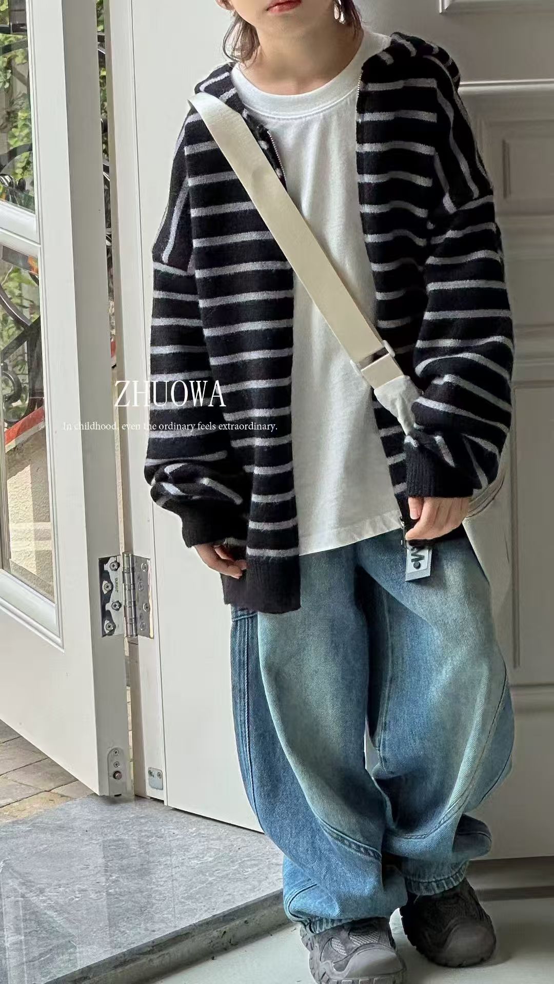 针织衫韩版条纹毛衣常规长袖圆领宽松开衫卡通动漫