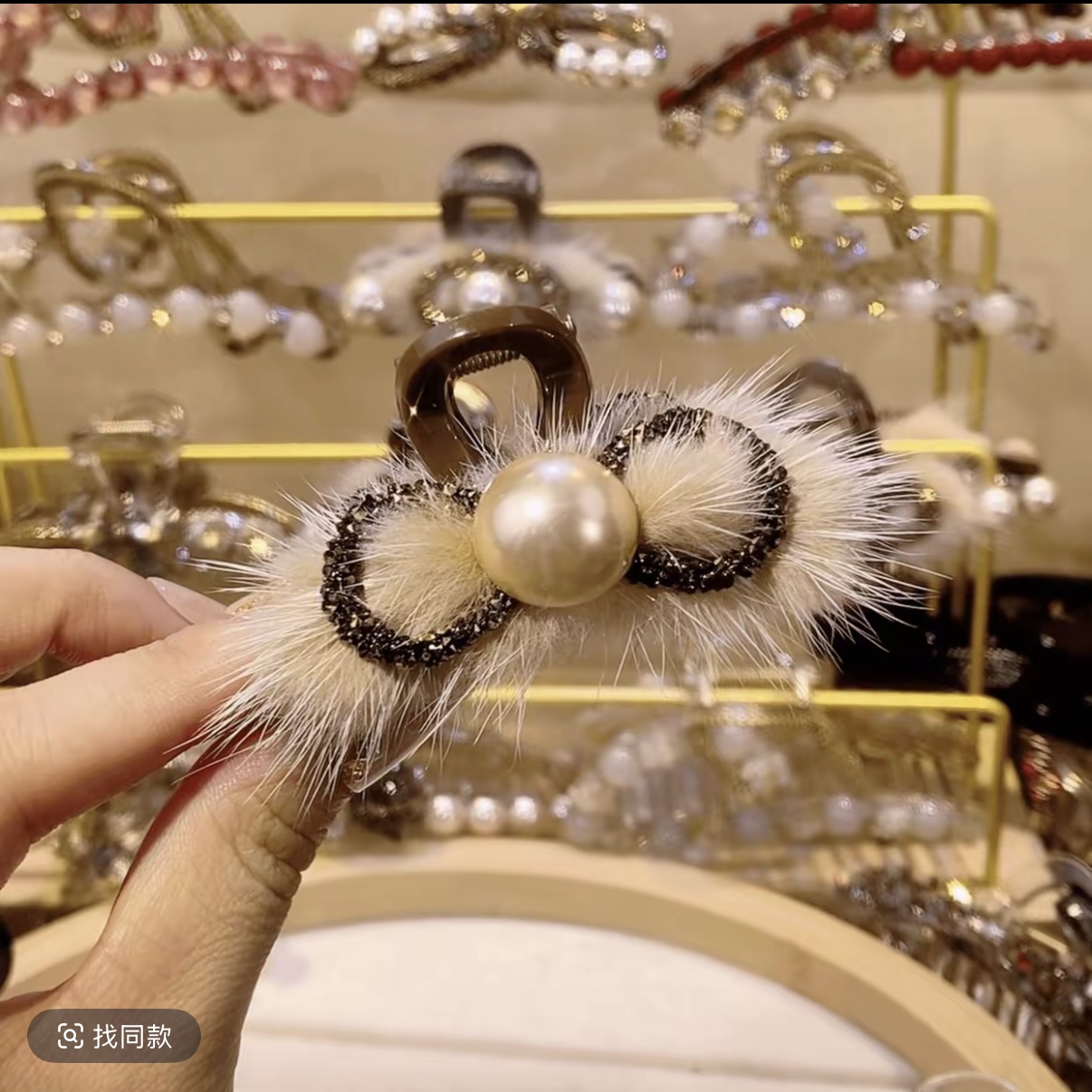 GG韩版新款香槟珠珠蝴蝶结毛毛抓夹秋冬优雅发饰