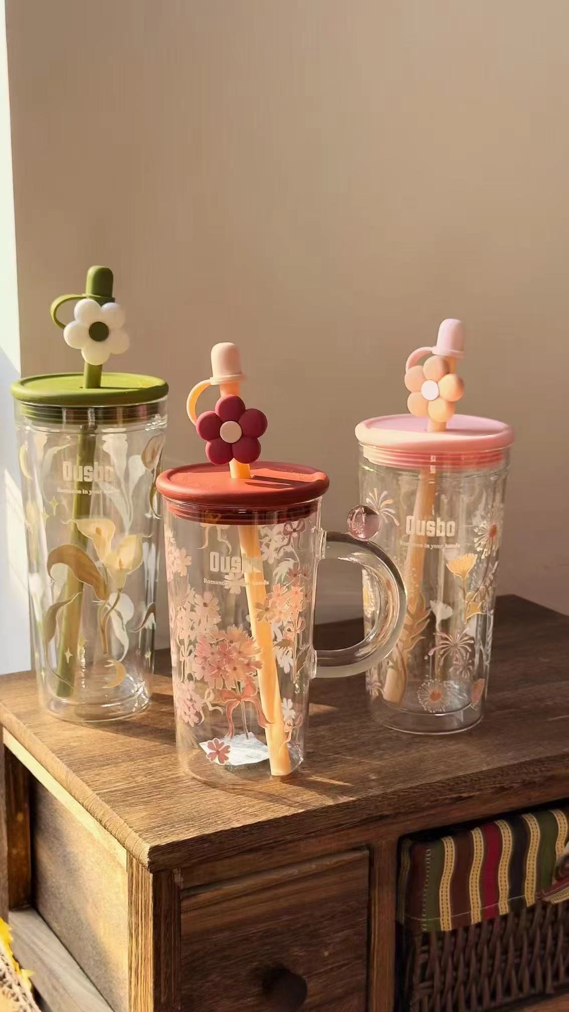 新品高温玻璃马蹄莲樱花草系列吸管杯