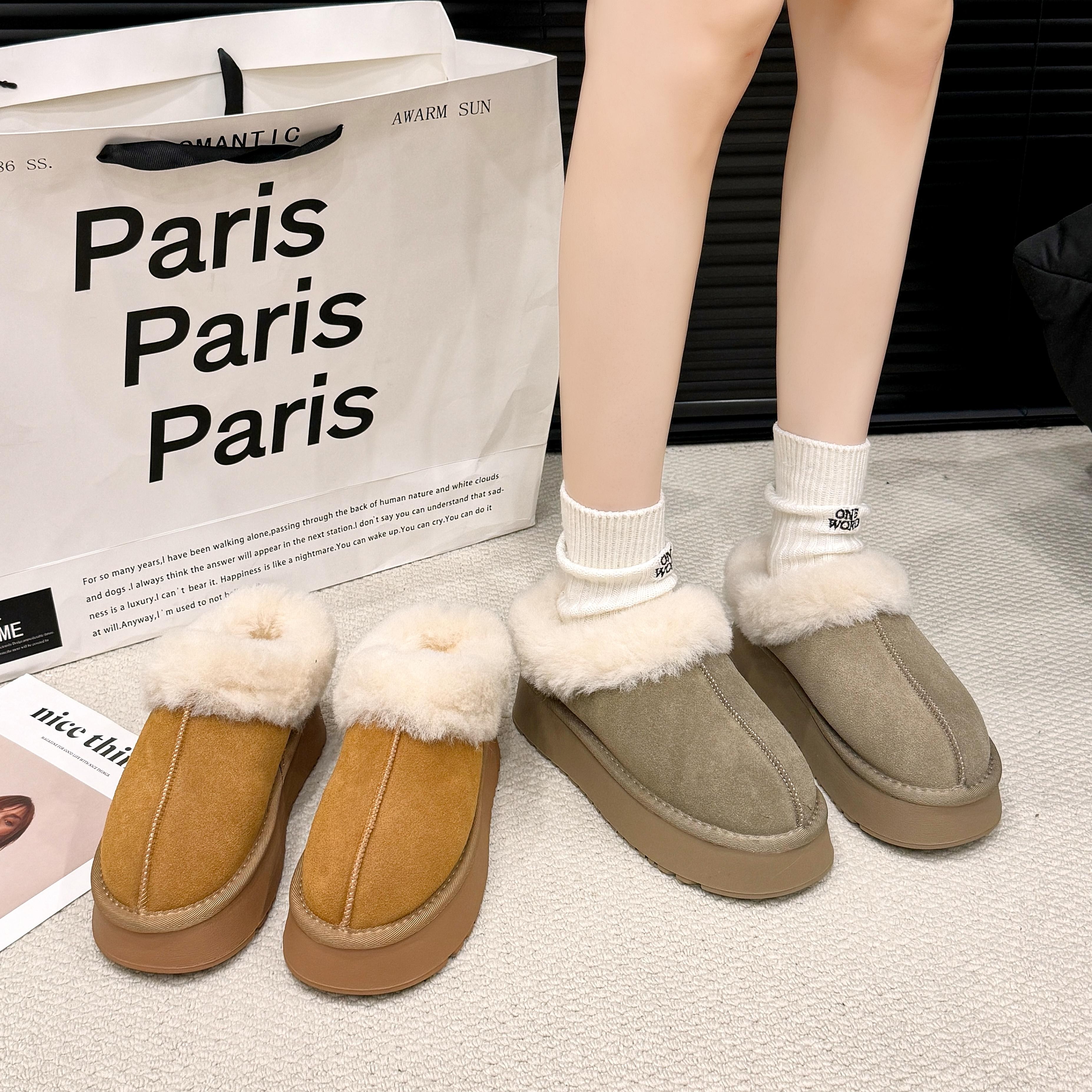 2025冬季新款加绒加厚保暖一脚蹬厚底百搭防滑毛毛领牛皮雪地靴女