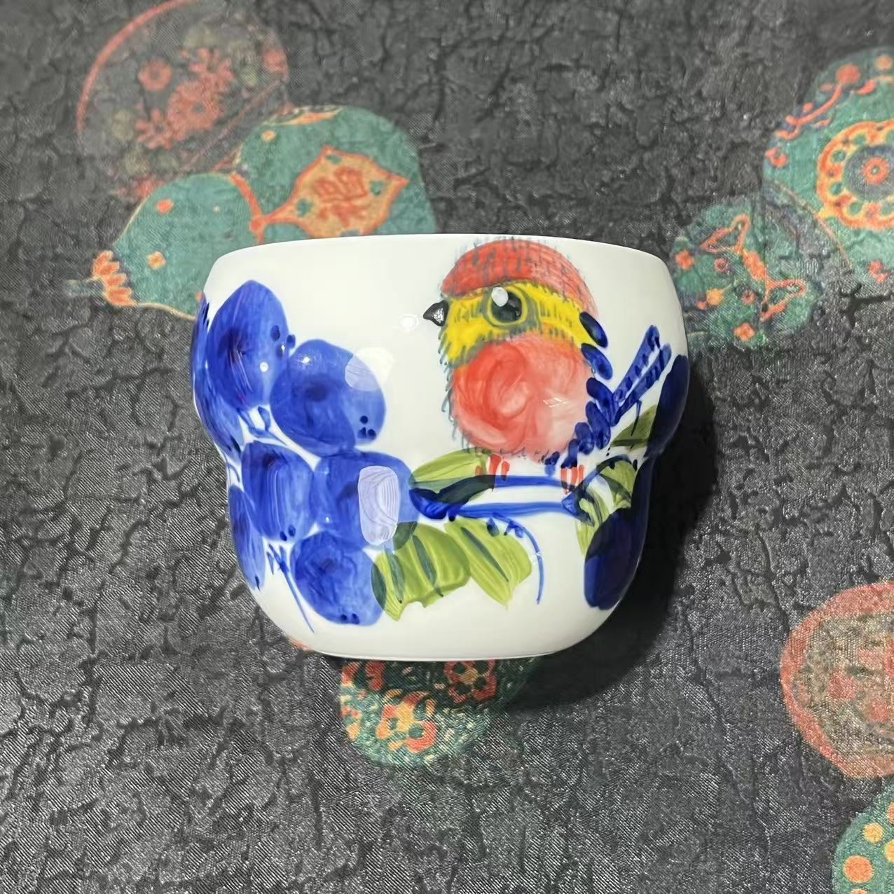 景德镇高温白瓷-蓝莓粉胖鸟大葫芦杯