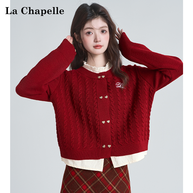 拉夏贝尔假两件红色针织开衫女秋冬新款设计感拼接毛衣外套短上衣