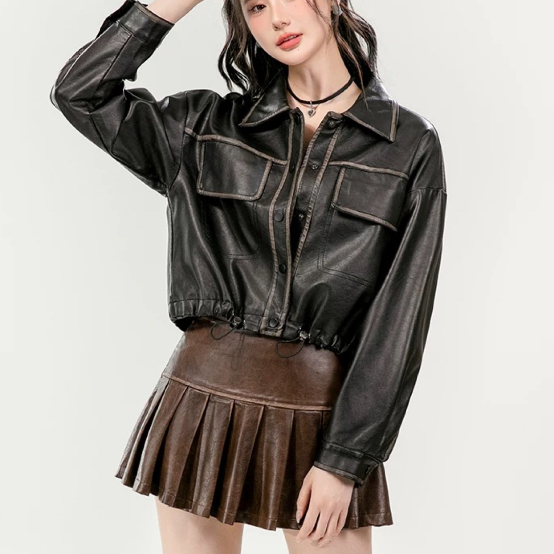 秋季春季印花短款长袖方领皮衣