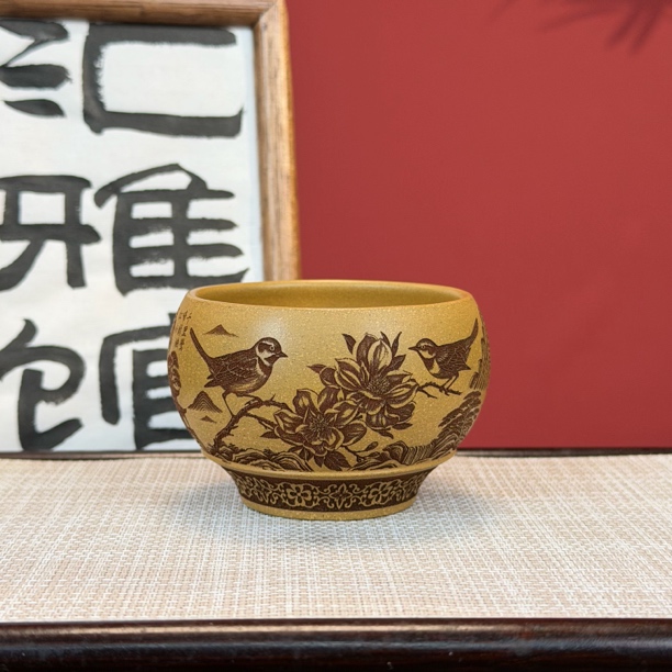 宜兴原矿紫砂黄金段主人杯刻绘喜鹊牡丹大容量品茗杯精致家用茶器