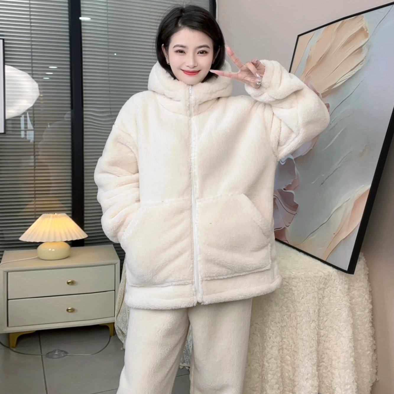 【循环锁温】连帽雪花绒简约休闲纯色睡衣可外穿秋冬女暖绒家居服
