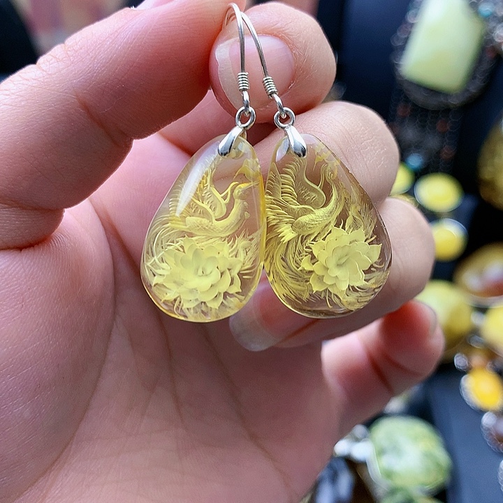 琥珀裸石银S925镶嵌耳坠