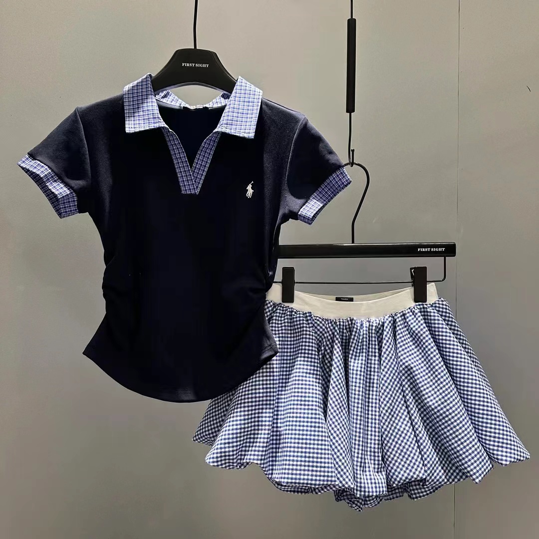 初见家【蓝格纹撞色POLO翻领T恤+花苞短裙】夏季简约正肩短袖小众