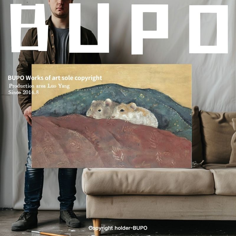 中古风仓鼠肌理手绘油画美式复古卧室床头挂画艺术横幅客厅装饰画