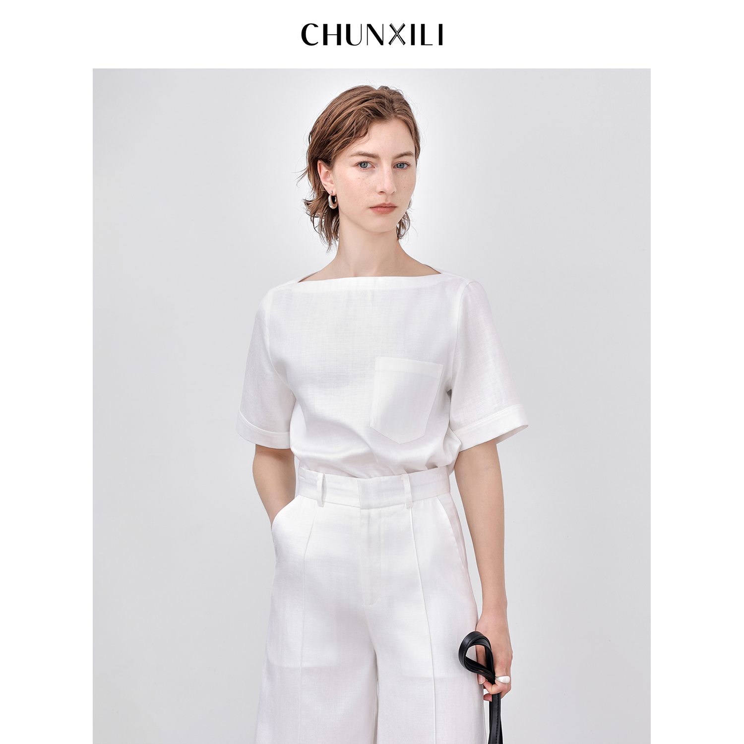 CHUNXILI/春熙里 小众设计感一字肩短袖衬衫D04S51013