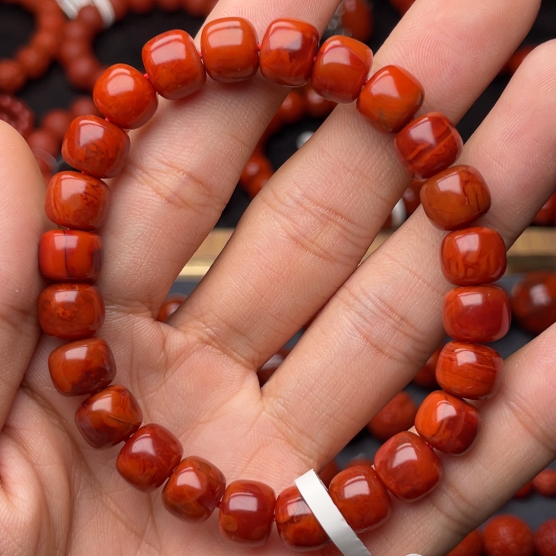 南红玛瑙未镶嵌手串H9mm顶品收藏满肉妖孽牛血火焰老型手串