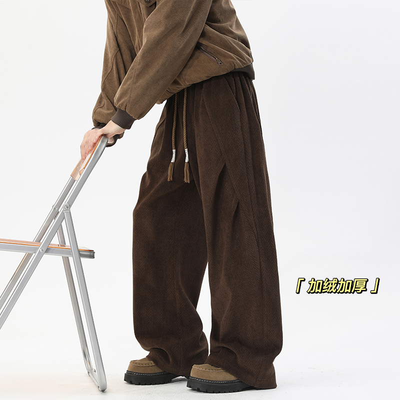 NASA美拉德打褶裤子男秋冬加绒加厚宽松阔腿裤潮牌直筒休闲长裤