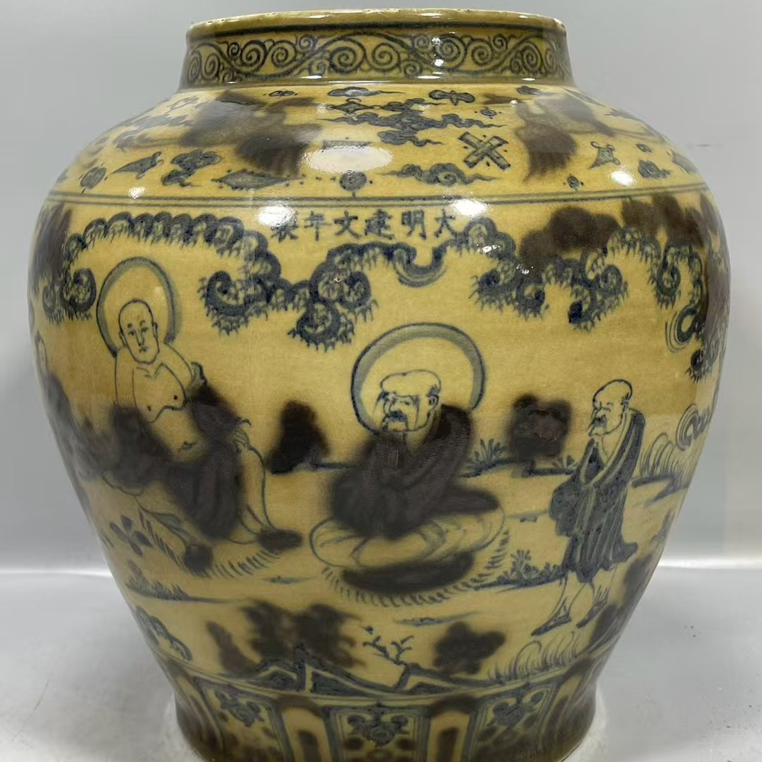 釉里红人物大陶瓷罐