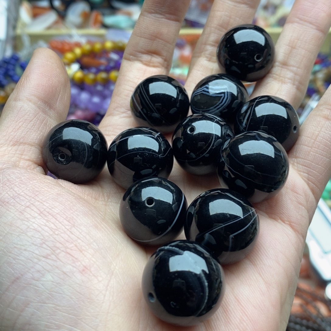 玛瑙/玉髓未镶嵌珠宝半成品三个天然20mm蚕丝黑玛瑙圆珠