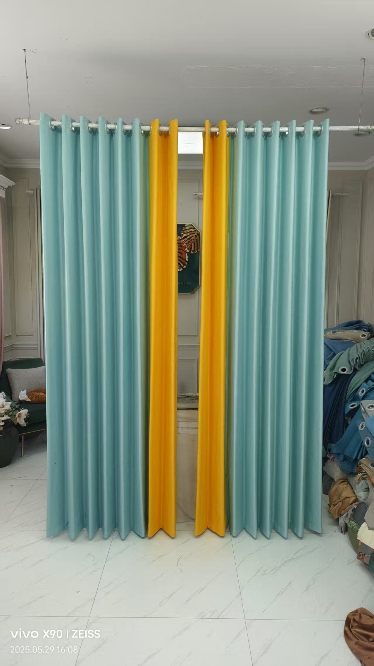 麻料蓝拼黄（中间对开）