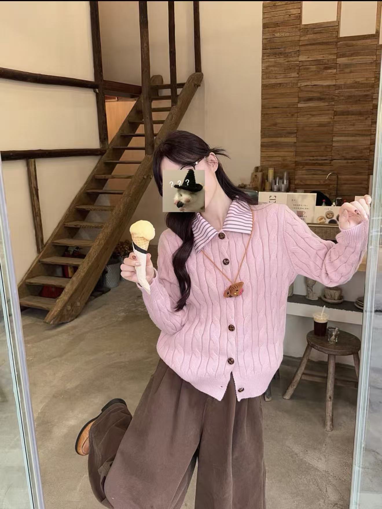 粉色polo领针织开衫女2025冬季外穿独特漂亮毛衣外套