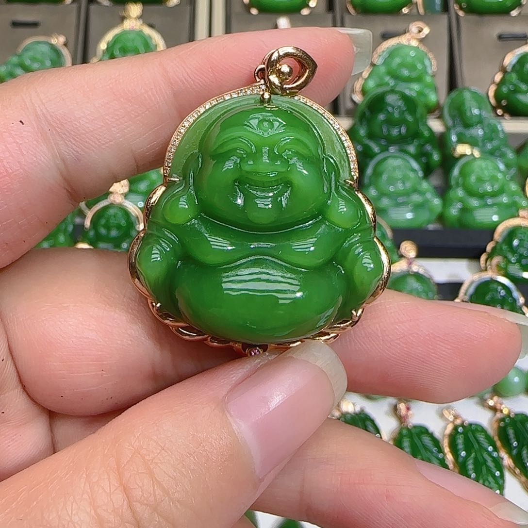 和田玉（碧玉）吊坠(不含链)18K金镶嵌