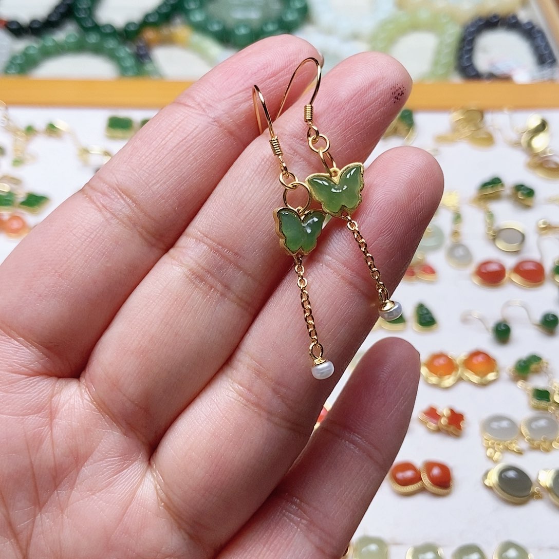 和田玉耳饰银S925镶嵌