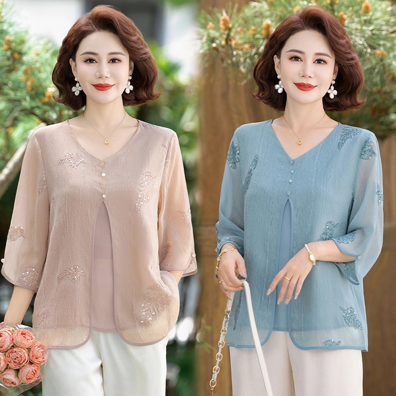 母亲节妈妈中式夏装小衫新款中年女宽松刺绣纯色洋气上衣女假两件