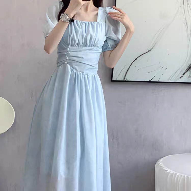 蓝色方领雪纺连衣裙夏季新款法式气质收腰显瘦仙女裙