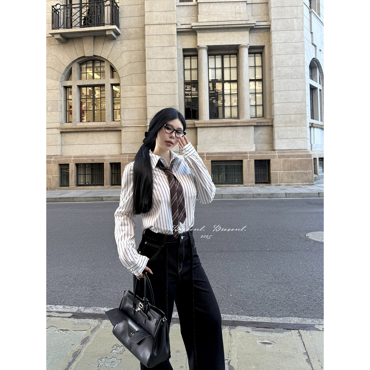 黑泽玄七“ 华尔街高材生”早秋微胖学究感衬衫新定制条纹经典版女