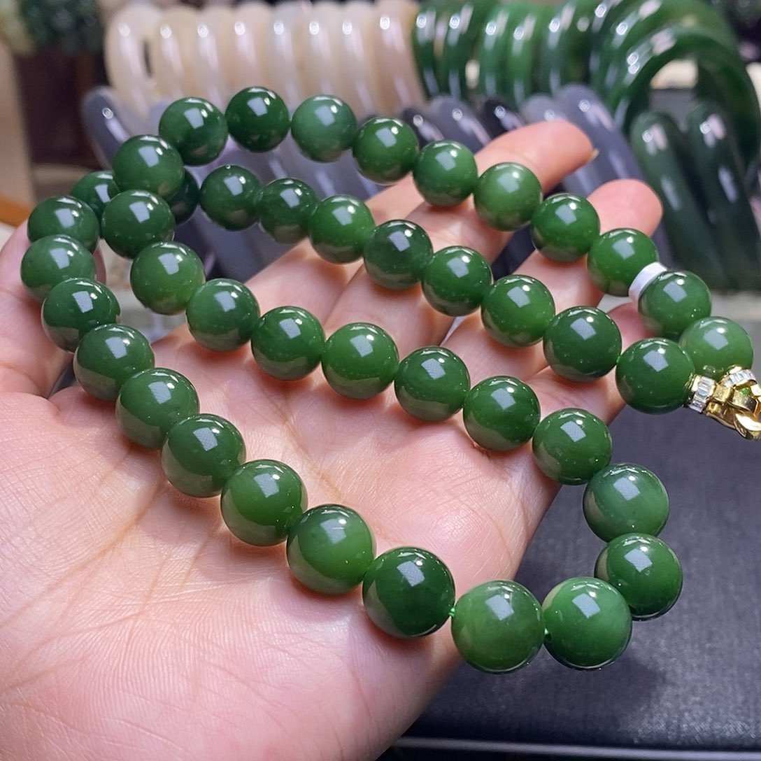 颈饰未镶嵌和田玉毕业级老坑料七号矿碧玉菠菜绿妈妈链12m