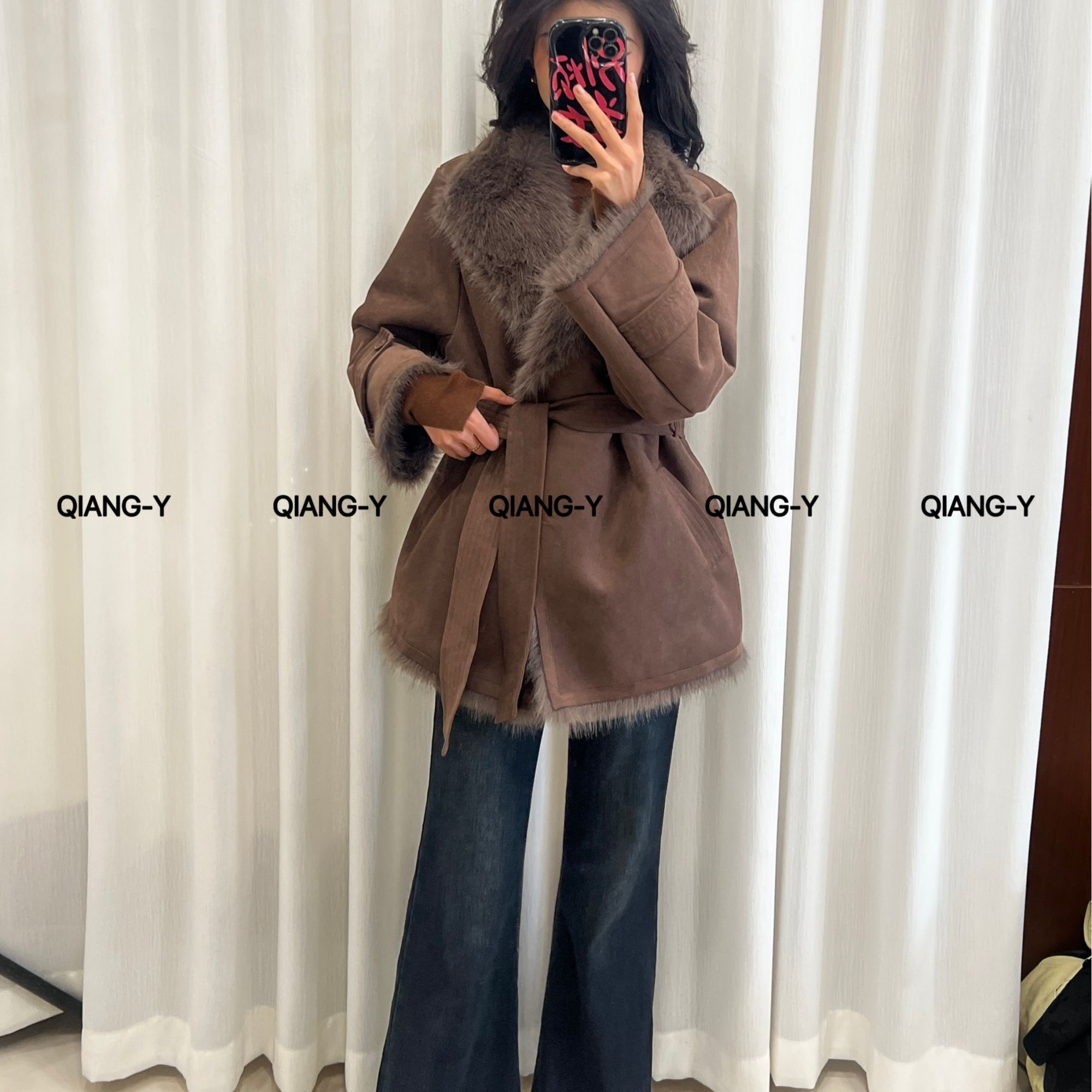 人造皮草 复古风宽松型腰带款毛毛外套加厚款厚款慵懒风830
