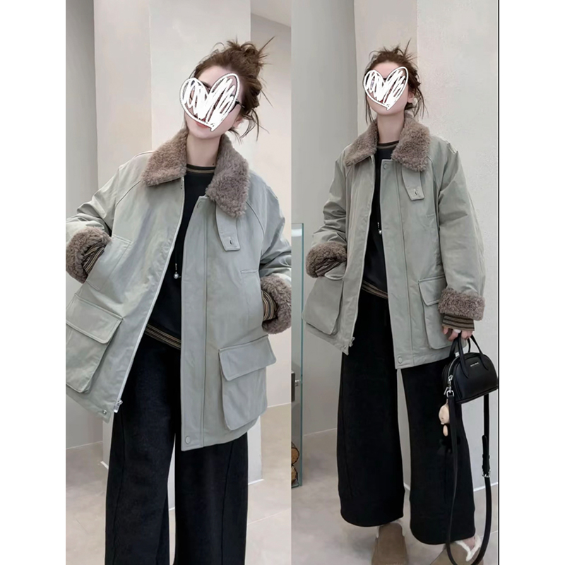 欧洲站毛茸茸翻领拼接中长款棉服女外套纯色宽松2025冬新款