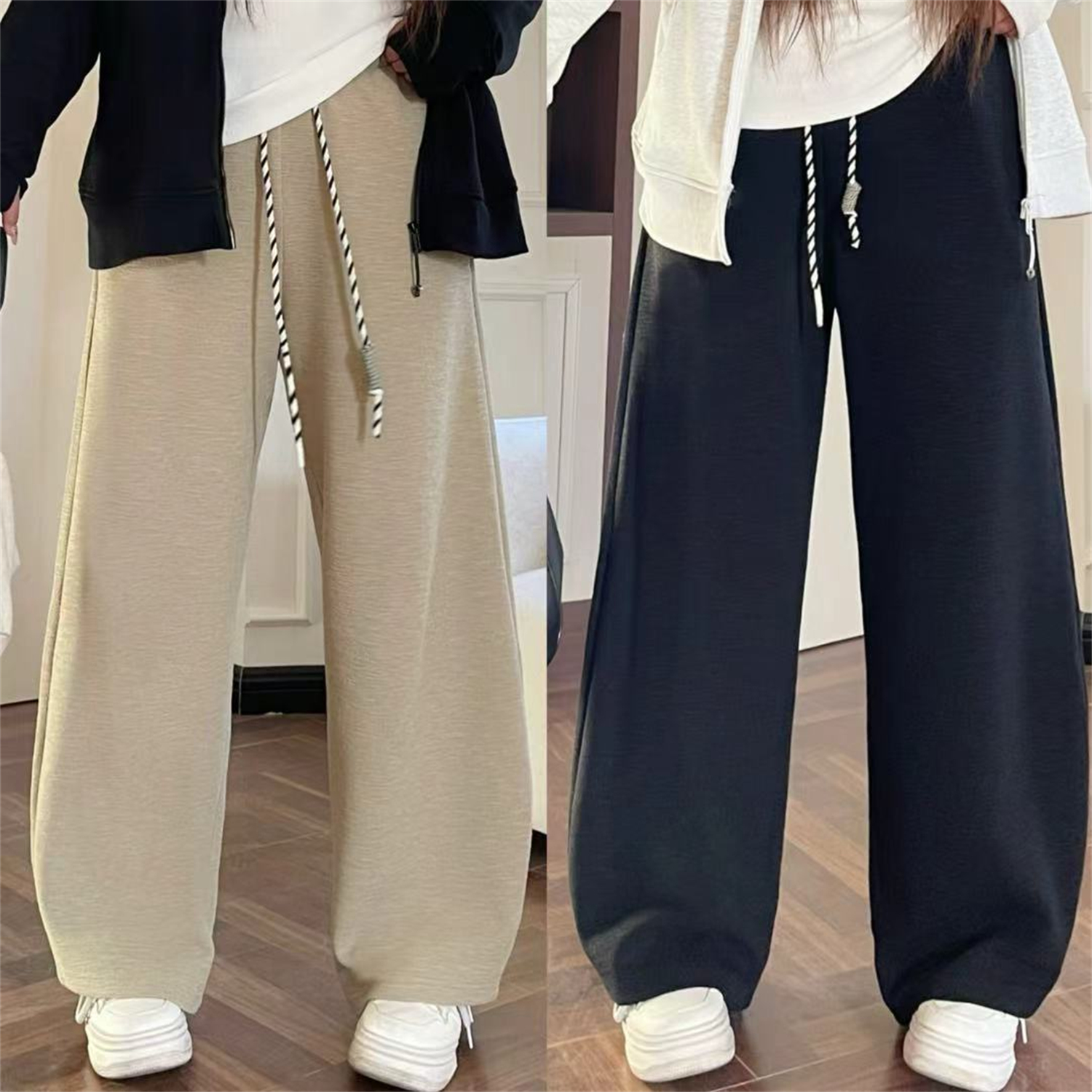 花契"香系流光"大码女装秋冬简约200斤胖mm抽绳阔腿弯刀裤15817-C