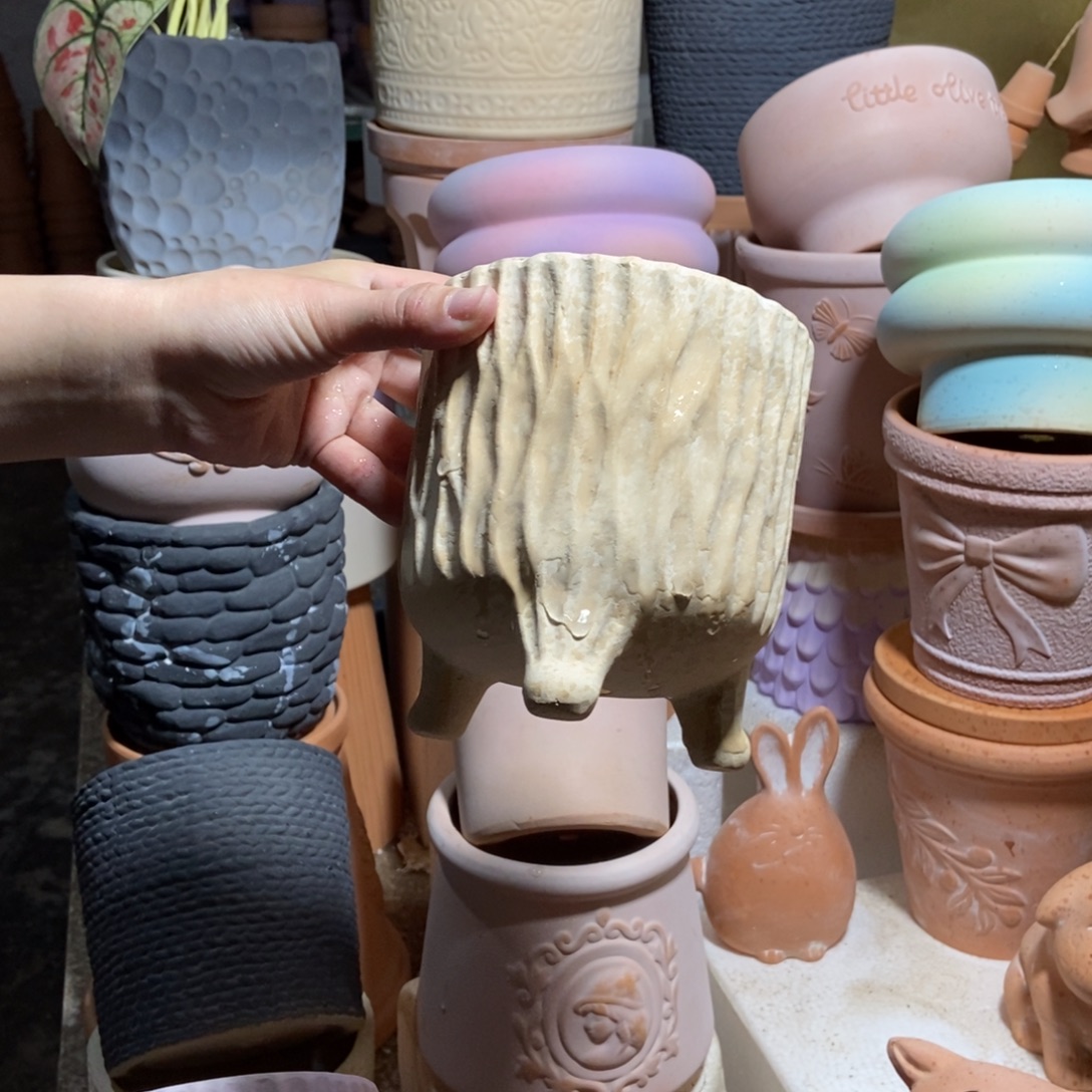 13×14白陶三脚树纹盆 粗陶1个