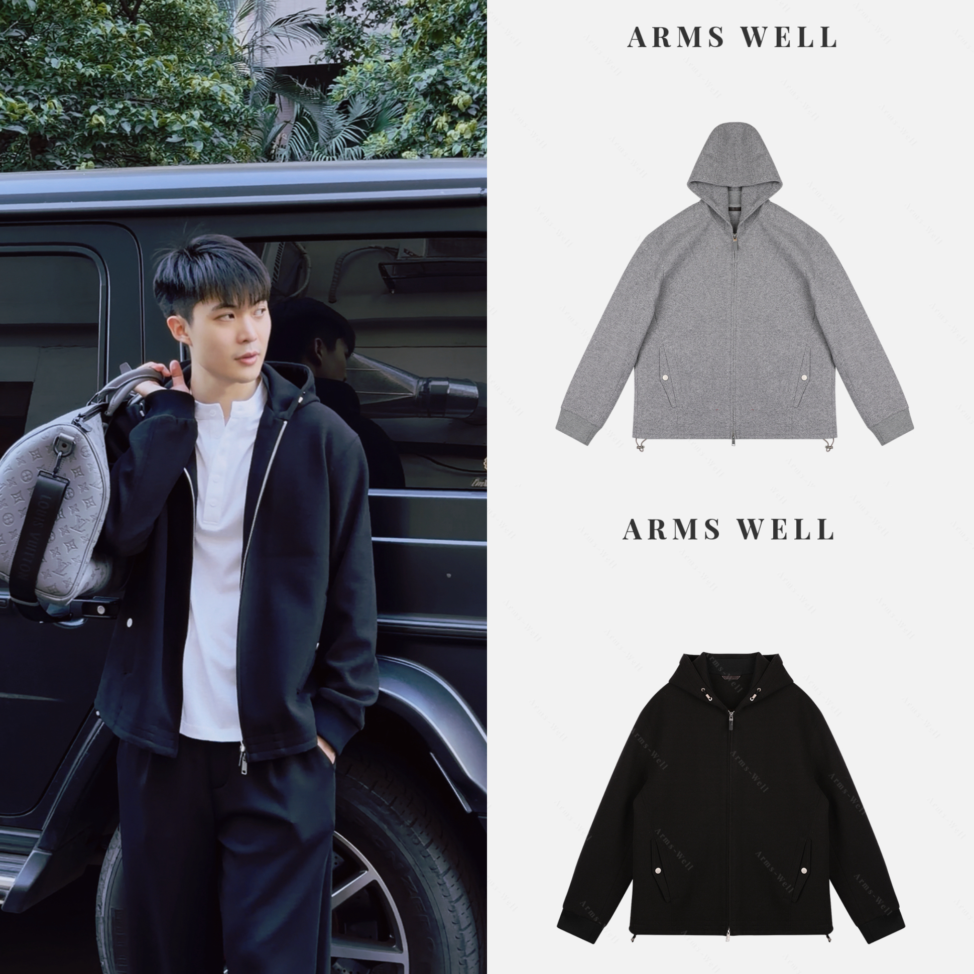 王囡囡 黑/浅灰色连帽拉链羊毛轻柔夹克外套（男装）S558